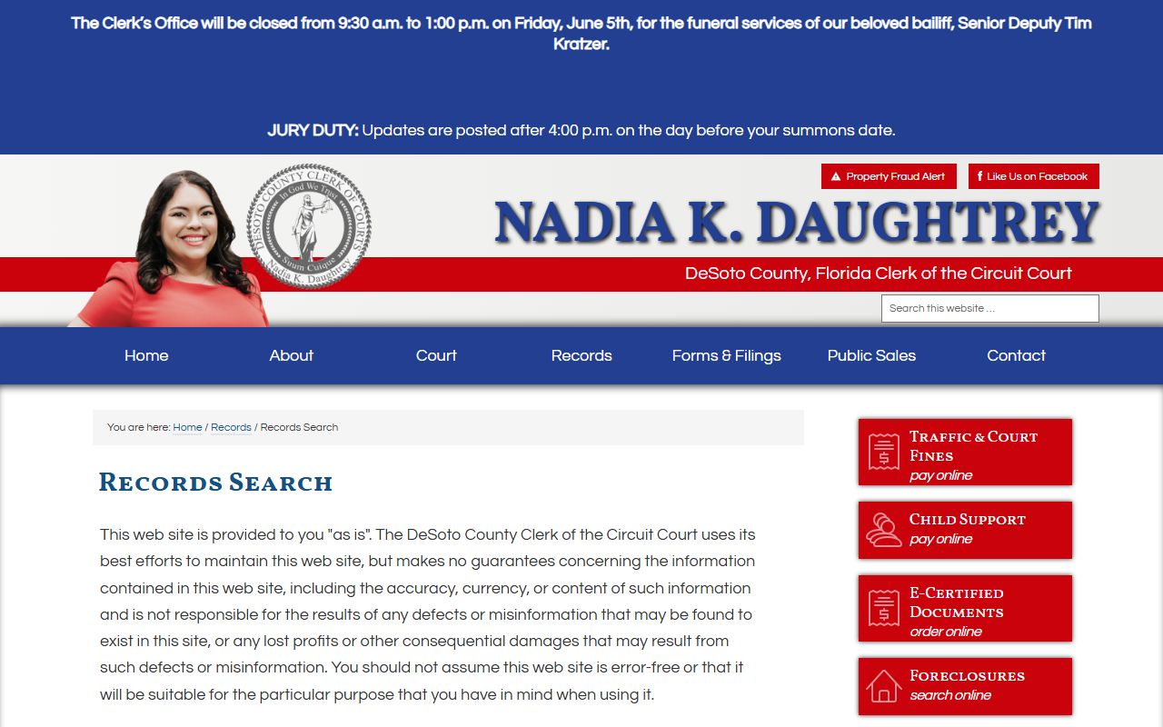 DeSoto County Clerk records search page for court records after an arrest