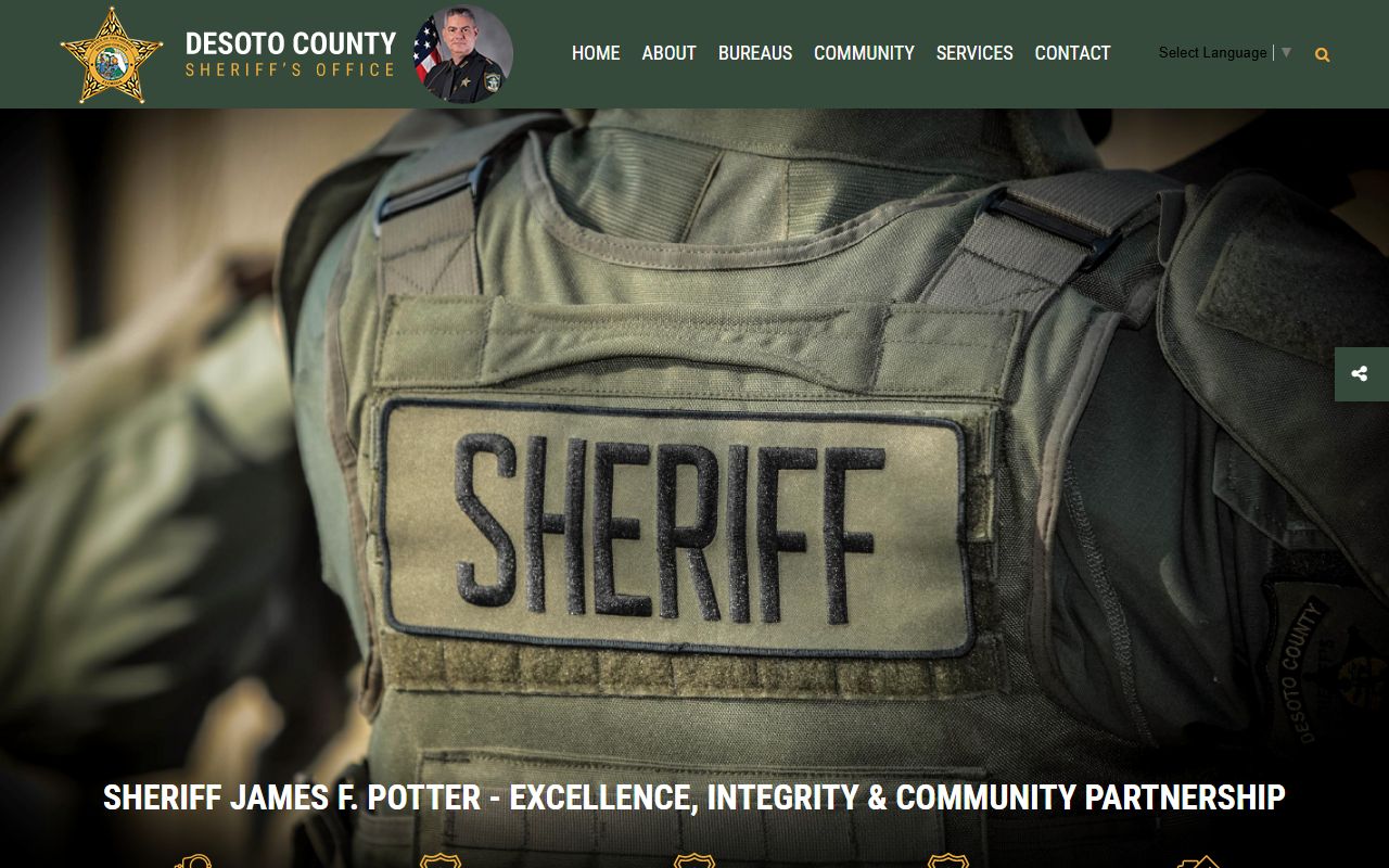 DeSoto County Sheriff's Office homepage with inmate search and public-records shortcuts
