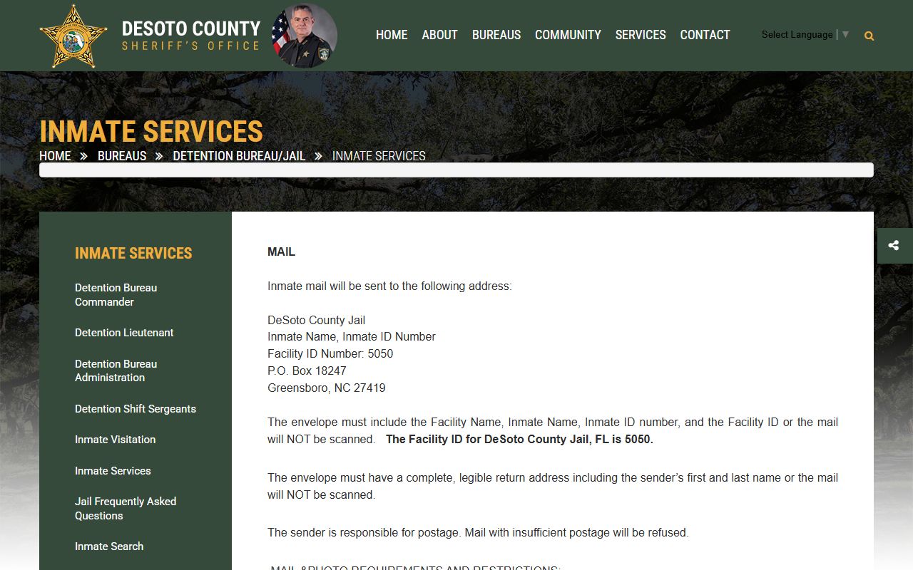 DeSoto County jail inmate services page covering mail, commissary, phone, bond, and property rules for inmate records