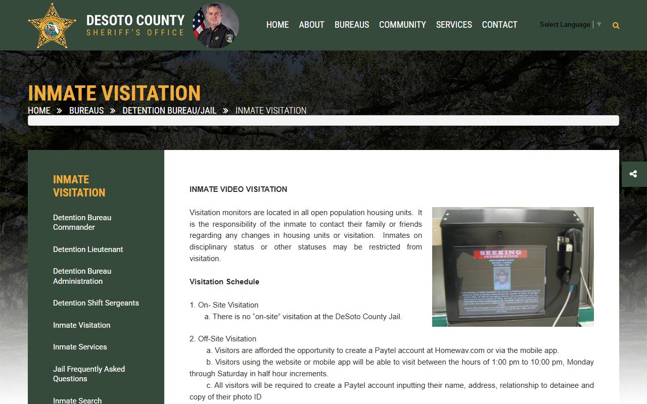 DeSoto County Jail video visitation rules and schedule page