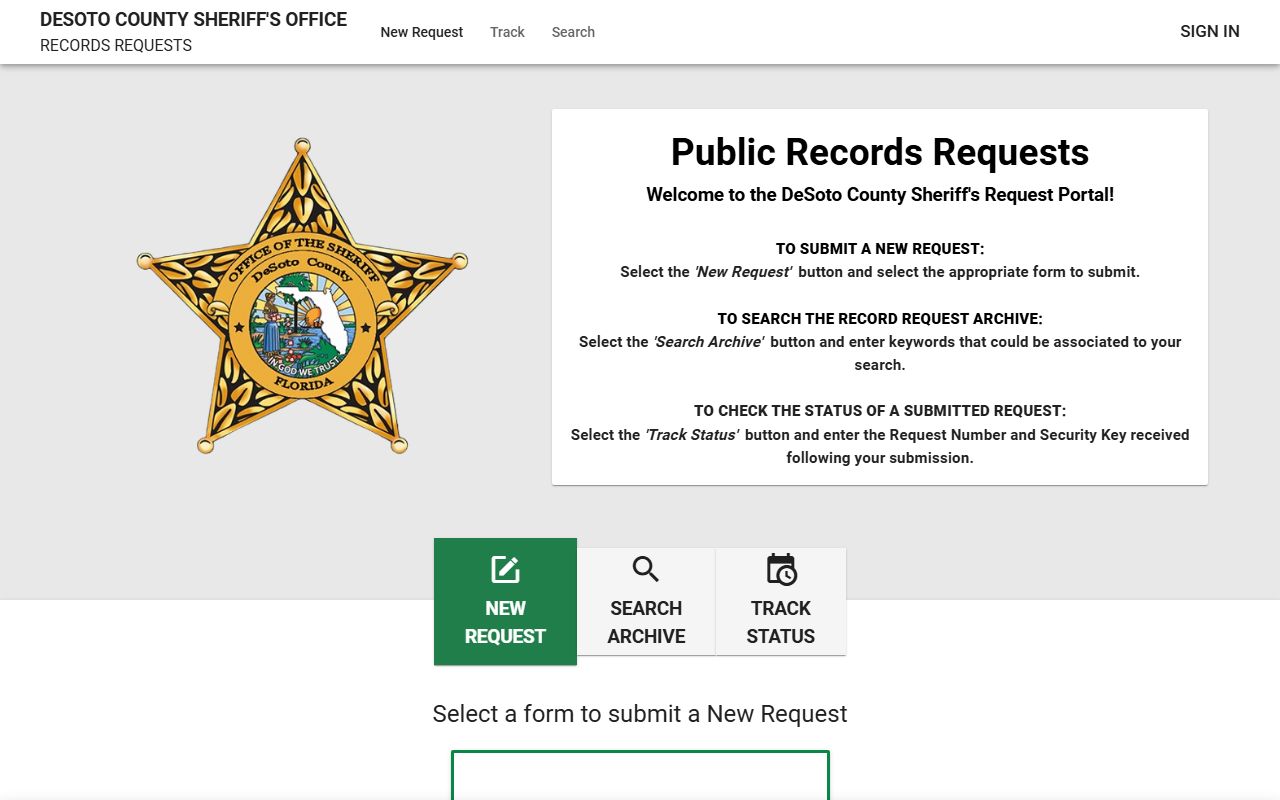 DeSoto County Sheriff JustFOIA public-records request portal for booking photos and jail records