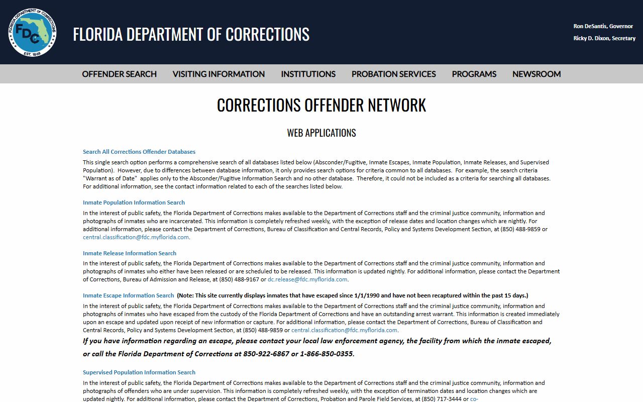 Florida Department of Corrections offender network menu used to find a DeSoto Annex inmate in DeSoto County