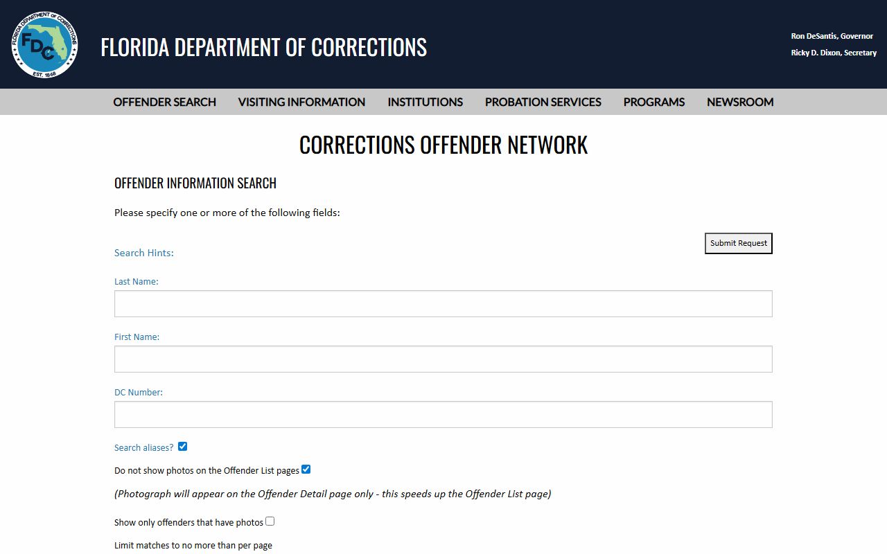 Florida Department of Corrections offender search form for looking up a DeSoto Annex inmate in DeSoto County
